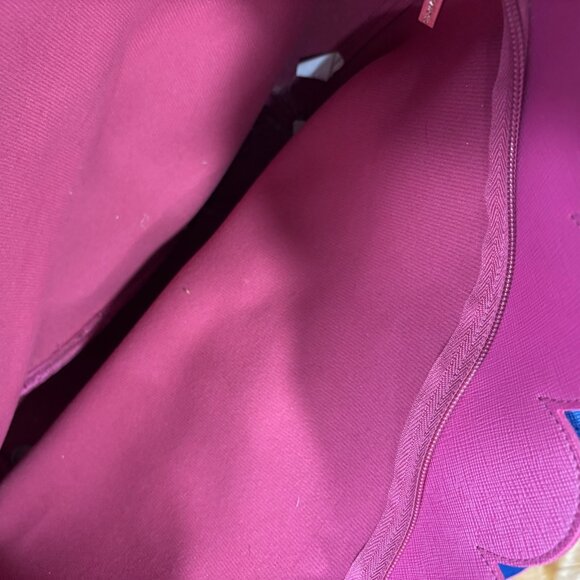 Blue Scalloped Tote Bag Faux Leather Pink Trim Bow Accent Large 18"x13" Shopper - Picture 6 of 6